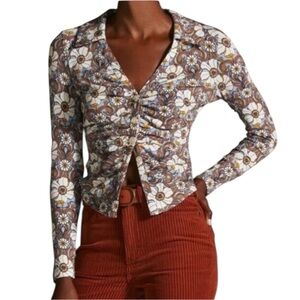 Maeve Anthropologie Y2K 70s Floral Ruched Button Front Long Sleeve Top Size S